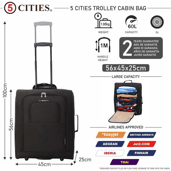 5 Cities 56x45x25 Trolley Bag Easyjet British Airways Jet2 Maximum Ca Travel Luggage Cabin Bags