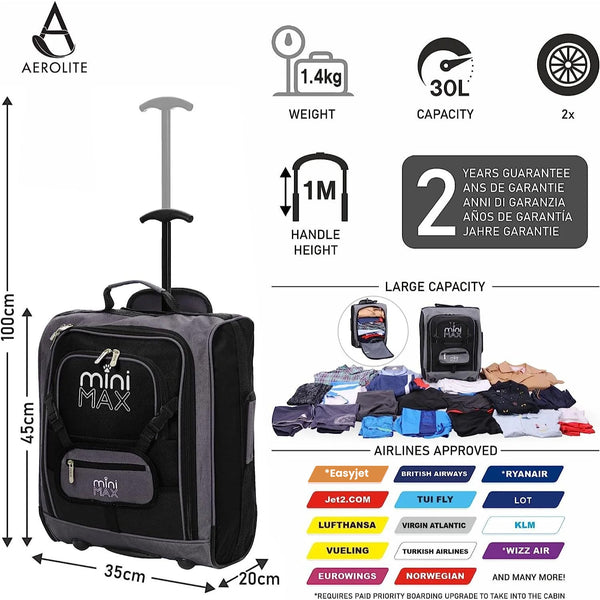 Aerolite MiniMAX 45x36x20cm Easyjet Maximum Cabin Trolley Carry On Suitcase with Backpack and Pouch Pack The Max 2 Years Warranty