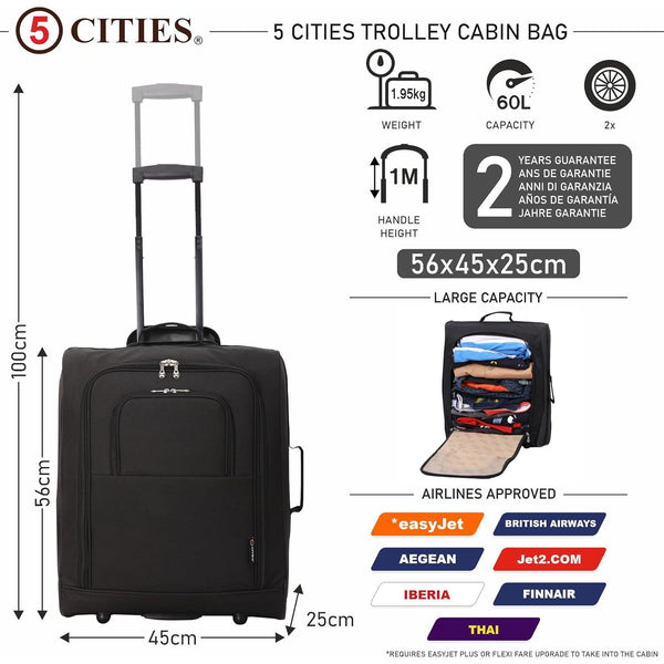 5 Cities 56x45x25 Trolley Bag EasyJet/British Airways/ Jet2 Maximum Ca ...