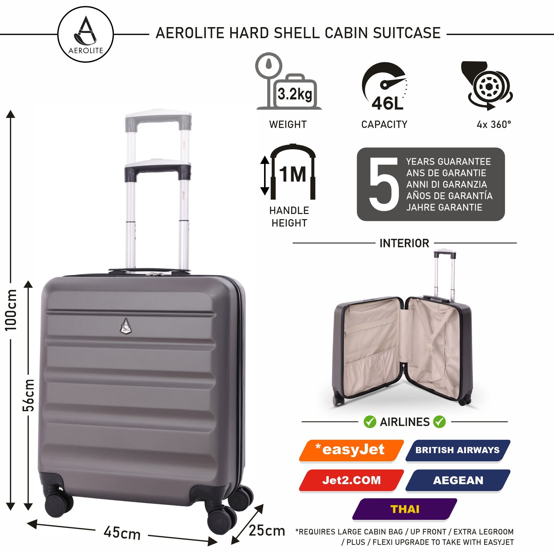 Aerolite easyJet Large Cabin (56x45x25cm) Lightweight Hard Shell Cabin –  Travel Luggage u0026 Cabin Bags