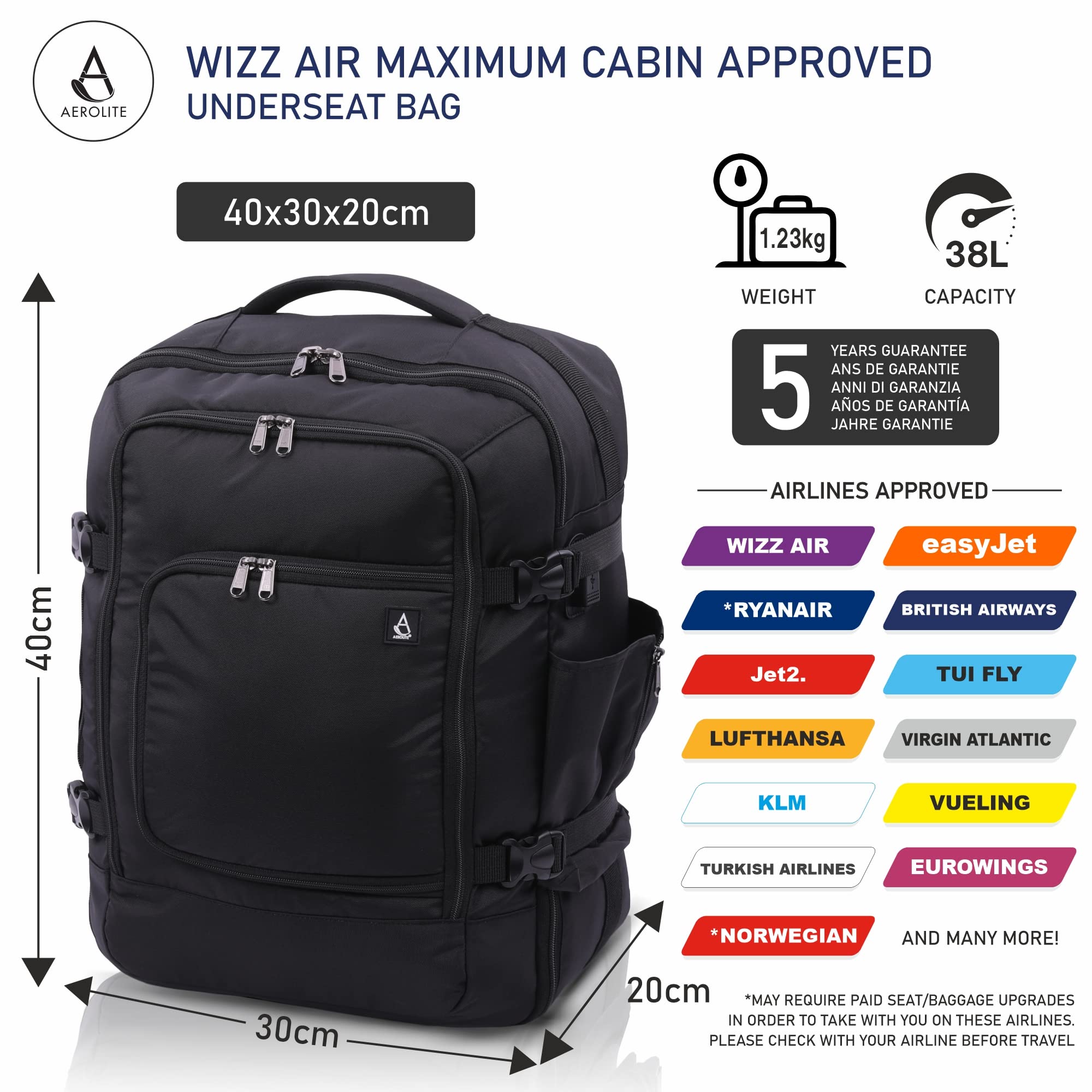 Aerolite Wizz Air 40x30x20 Tamaño Máximo de la Cabina del Equipaje del  Bolso Mochila Viaje Cabina Avion Bolso de Viaje de Vuelo Equipaje de Mano  Garantía De 5 Años : : Moda