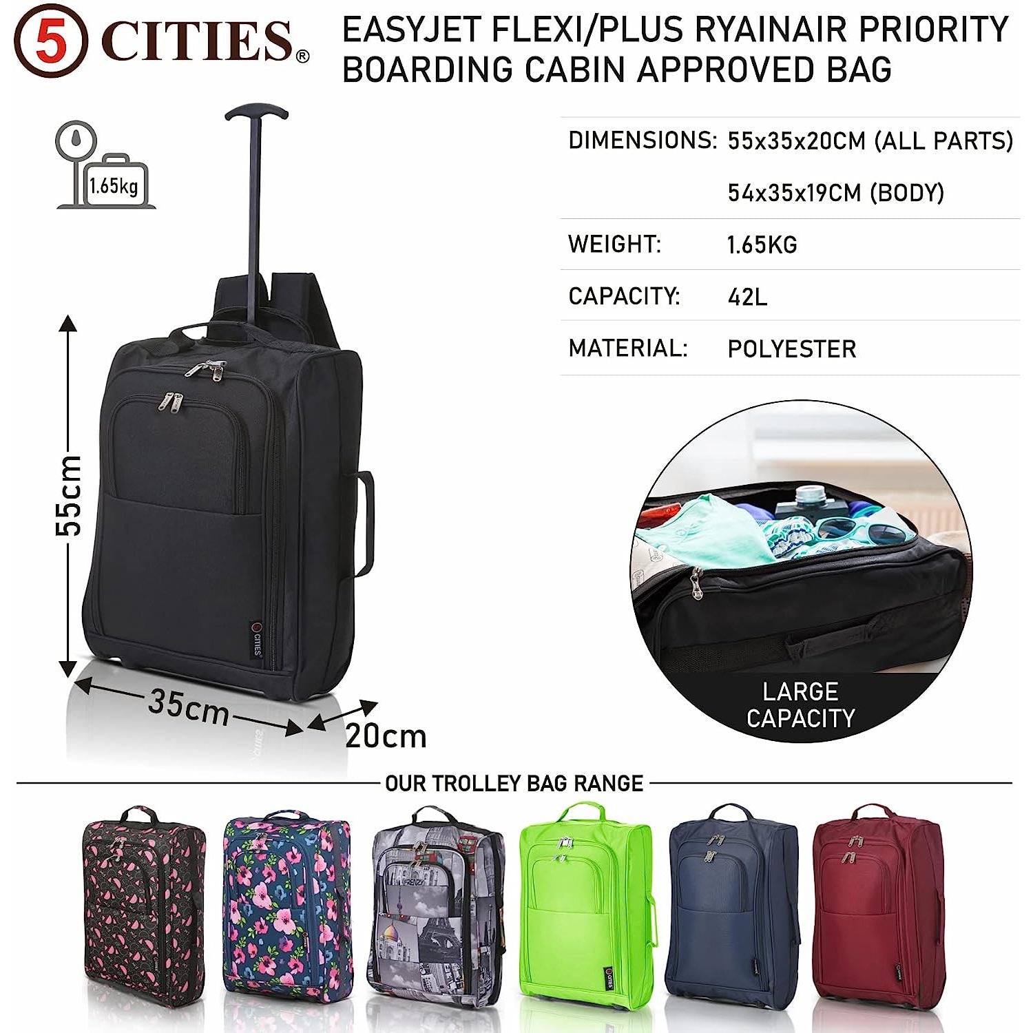 5 Cities (55x35x20cm) Lightweight Cabin Trolley + Backpack, Wheeled Ba –  Travel Luggage u0026 Cabin Bags