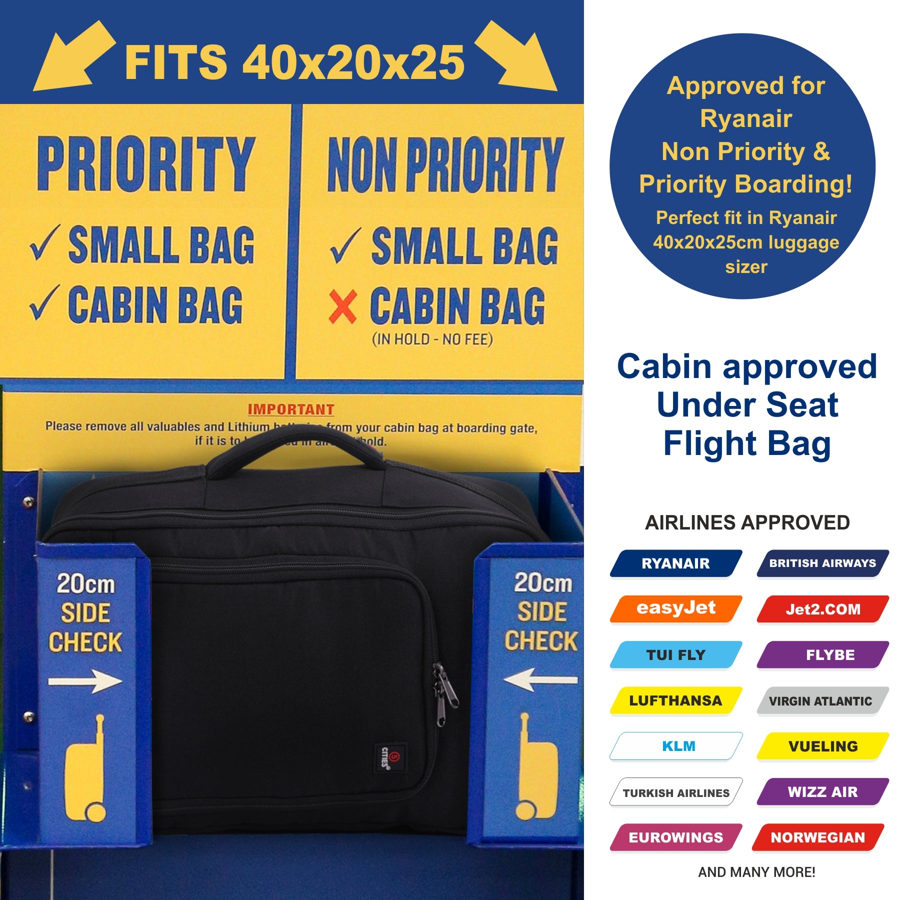 40x25x20 Cabin Bag Ryanair Flight Under Seat Travel Holdall Carry