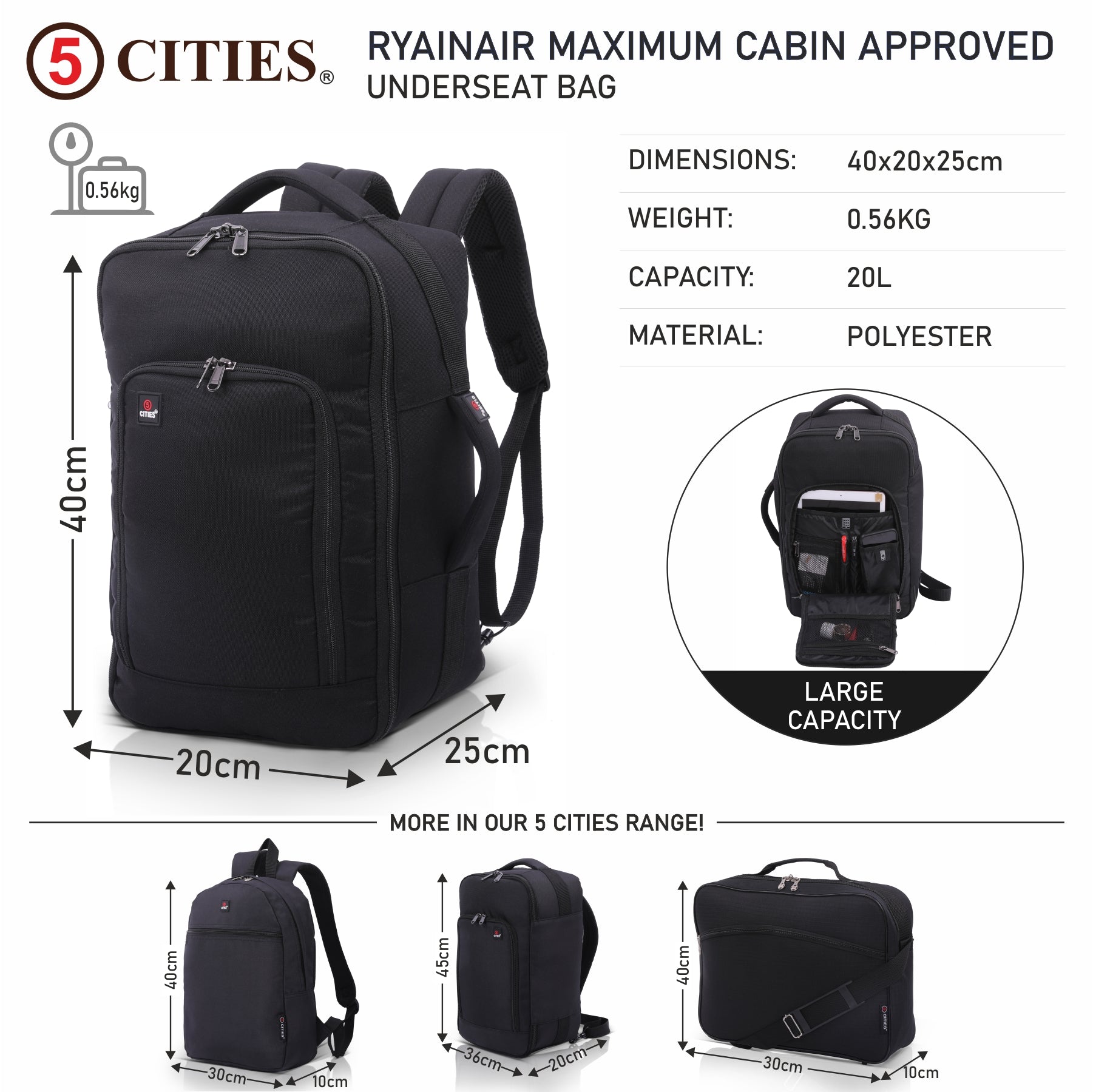 Ryanair Hand Cabin 40x20x25 & 2nd Baggage Fits 55x40x20 Luggage Set  (55x35x20cm)
