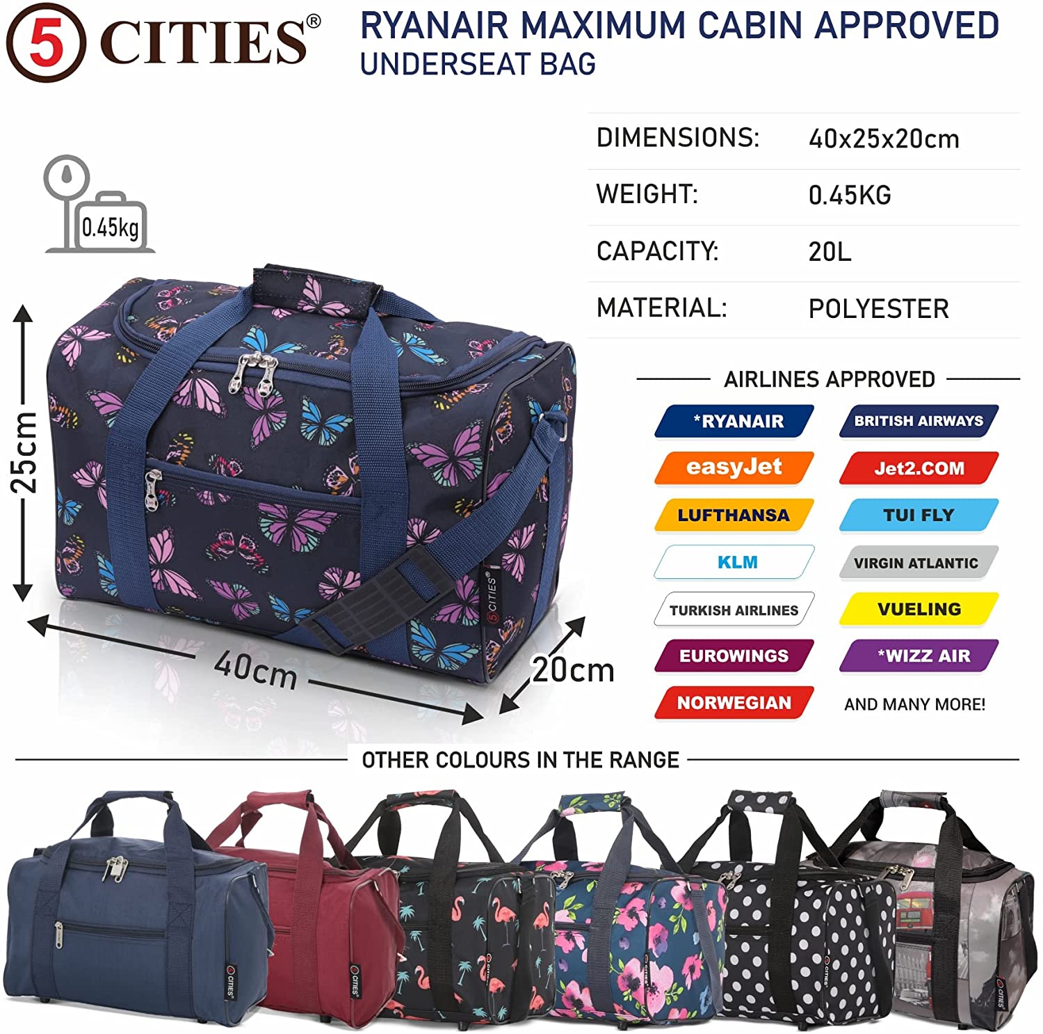 Ryanair EasyJet Under Seat Cabin Bag Case 40x20x25cm Hand Luggage Travel  Holdall